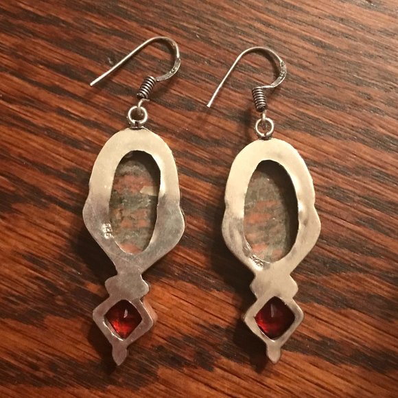 925 Sterling Unakite and Garnet Drop Dangle Pierced Earrings - Picture 2 of 5